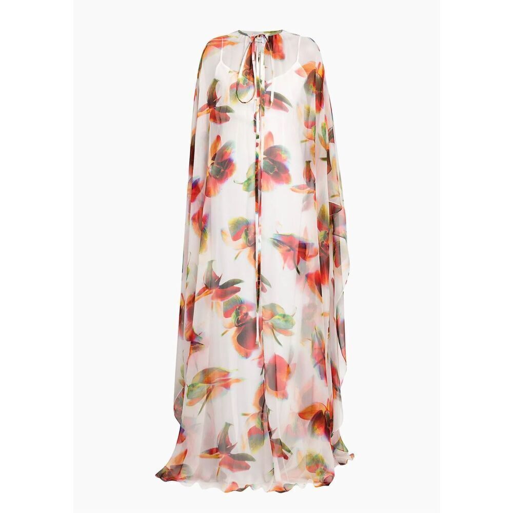 Alexander McQueen Womens Cape Sleeve Sheer Floral-Silk Gown White Sz 4/6 - Picture 2 of 16